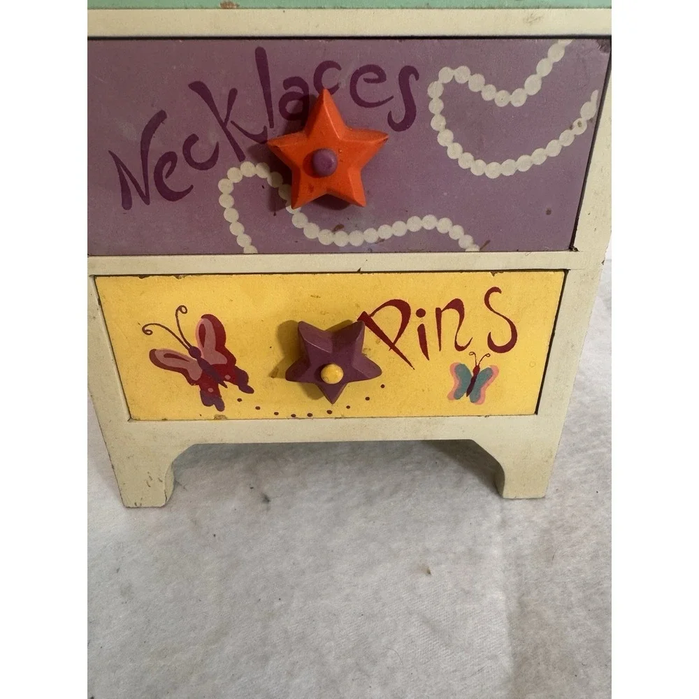 Vintage Wooden Jewelry‎ Box Storage Y2K Retro Kids Star Knobs 5 Drawers 12